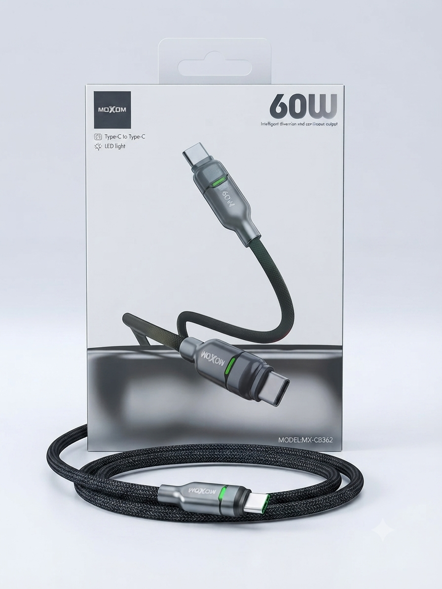 كيبل MOXOM Type-C to Type-C بإضاءة LED بقدرة 60 واط (موديل MX-CB362)