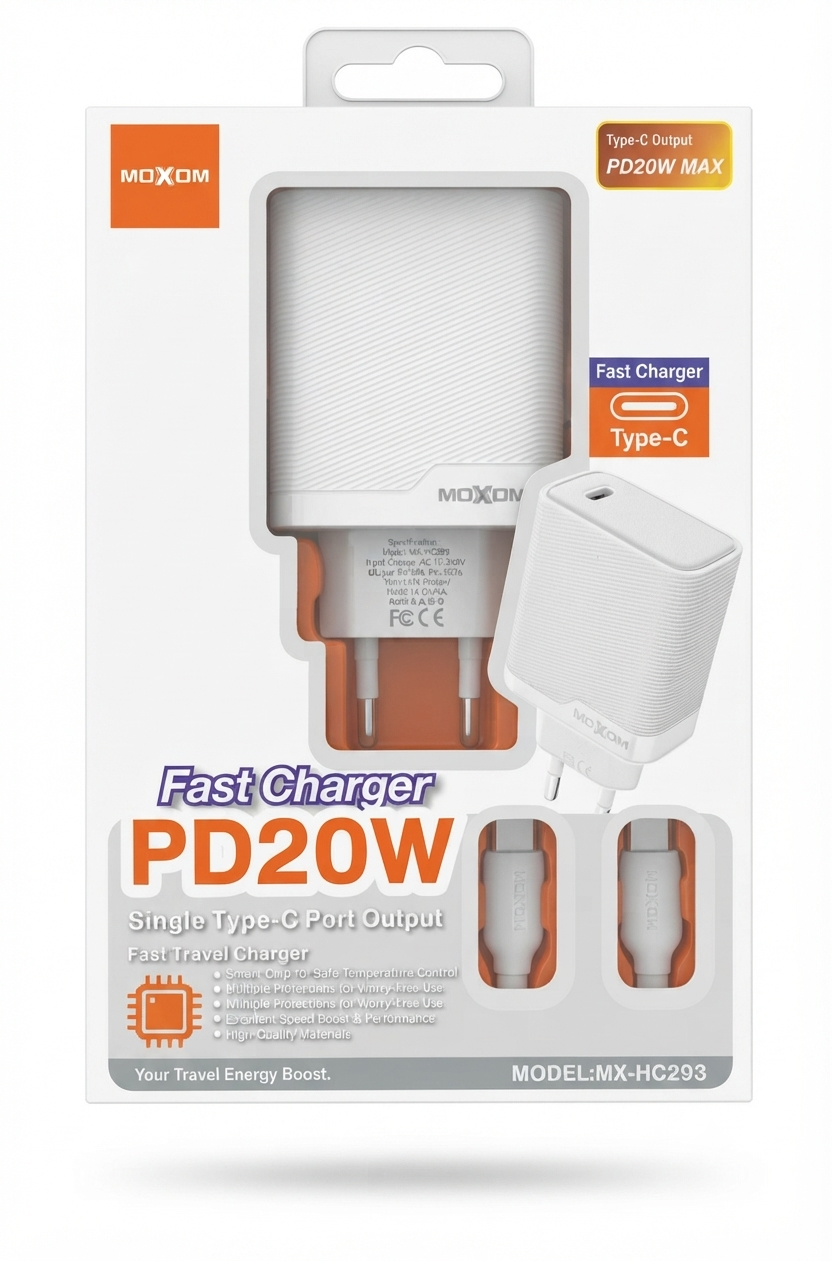 طقم شاحن MOXOM السريع PD20W - موديل MX-HC293 (مخرج Type-C) متوفر الآن لدى MT Mobile