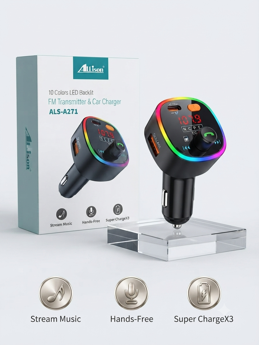 مرسل اف ام وشاحن سيارة أليسون (Allison ALS-A271) - متوفر لدى MT Mobile