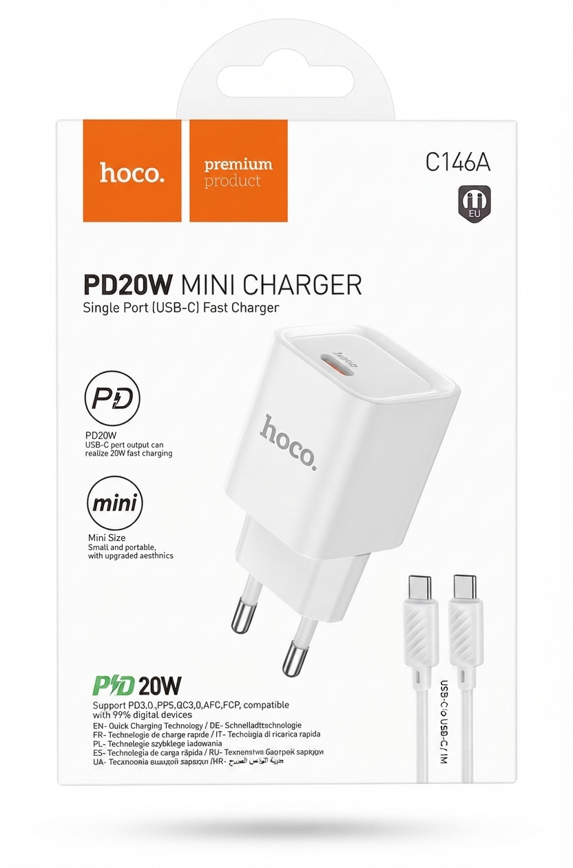 طقم شاحن hoco. المصغر السريع PD20W - موديل C146A متوفر الآن لدى MT Mobile