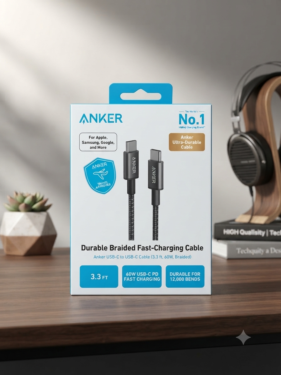 كابل شحن سريع ومضفر من Anker (USB-C to USB-C)