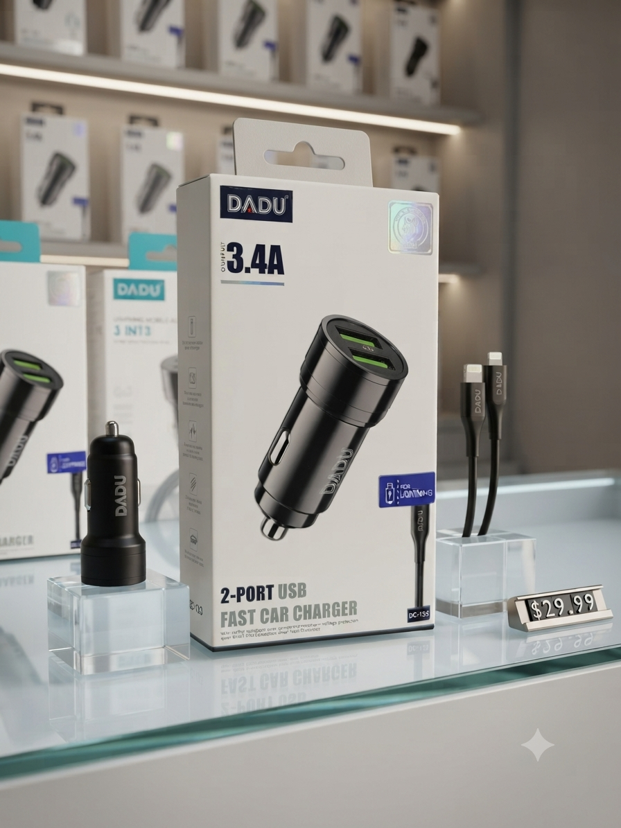 شاحن سيارة سريع DADU بمدخلين USB وقوة 3.4A مع كابل ايفون مدمج موديل DC-133 من MT mobile